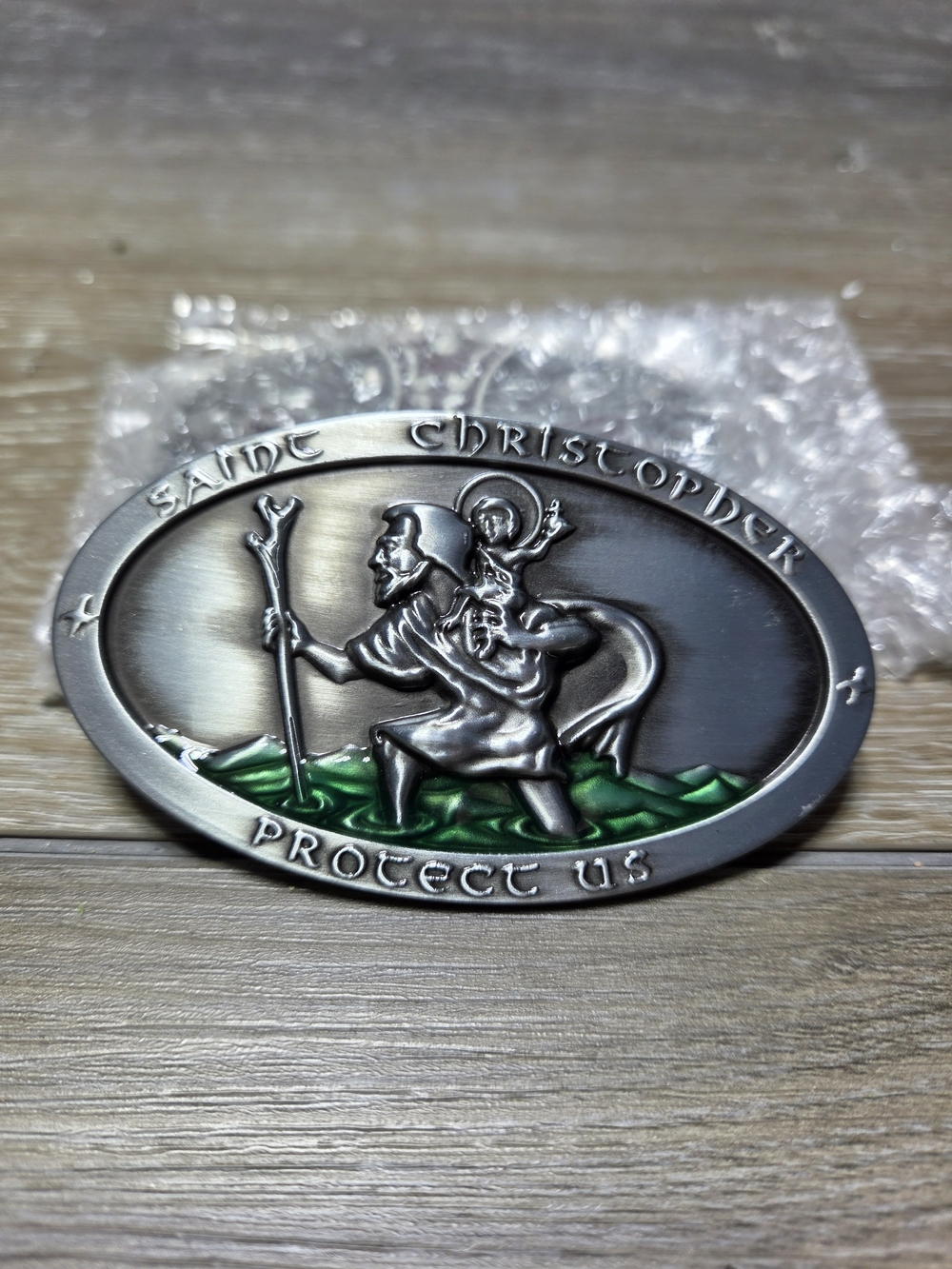 2005 SMC Saint Christopher Protect Us Oval Religious Belt Buckle